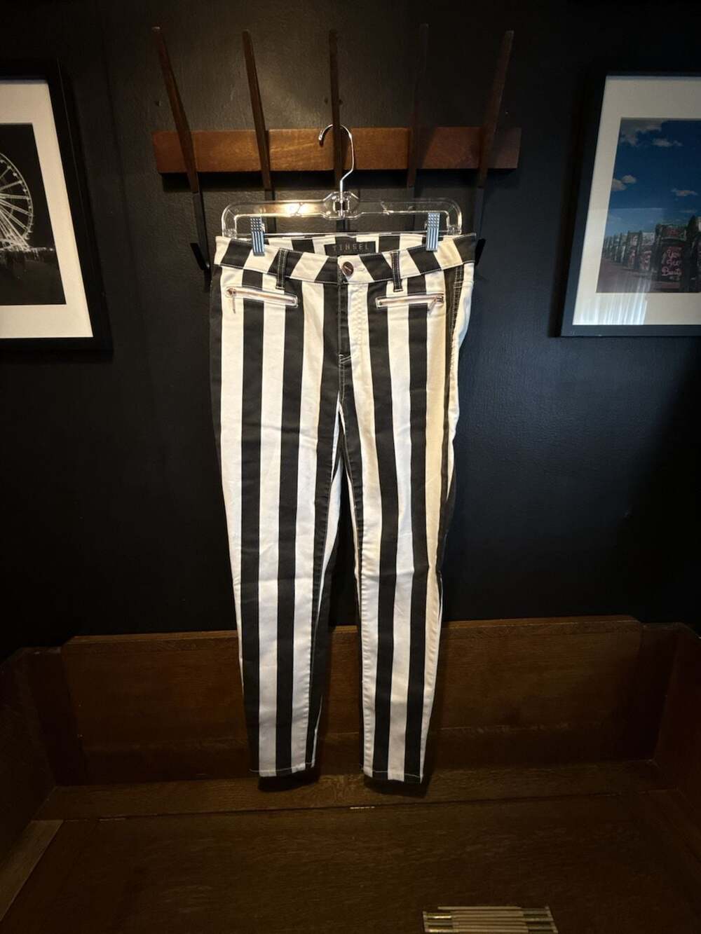 Tinsel Striped Denim Pants Black White